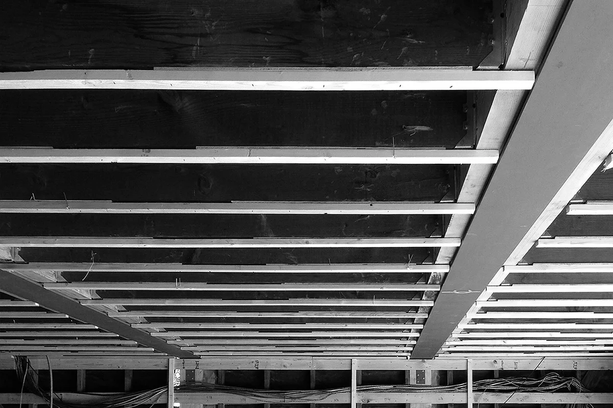 steel beams at raised ceiling