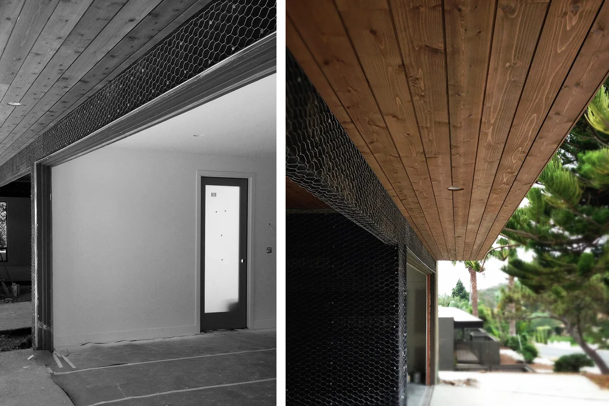 lath and cedar soffit at modern addition
