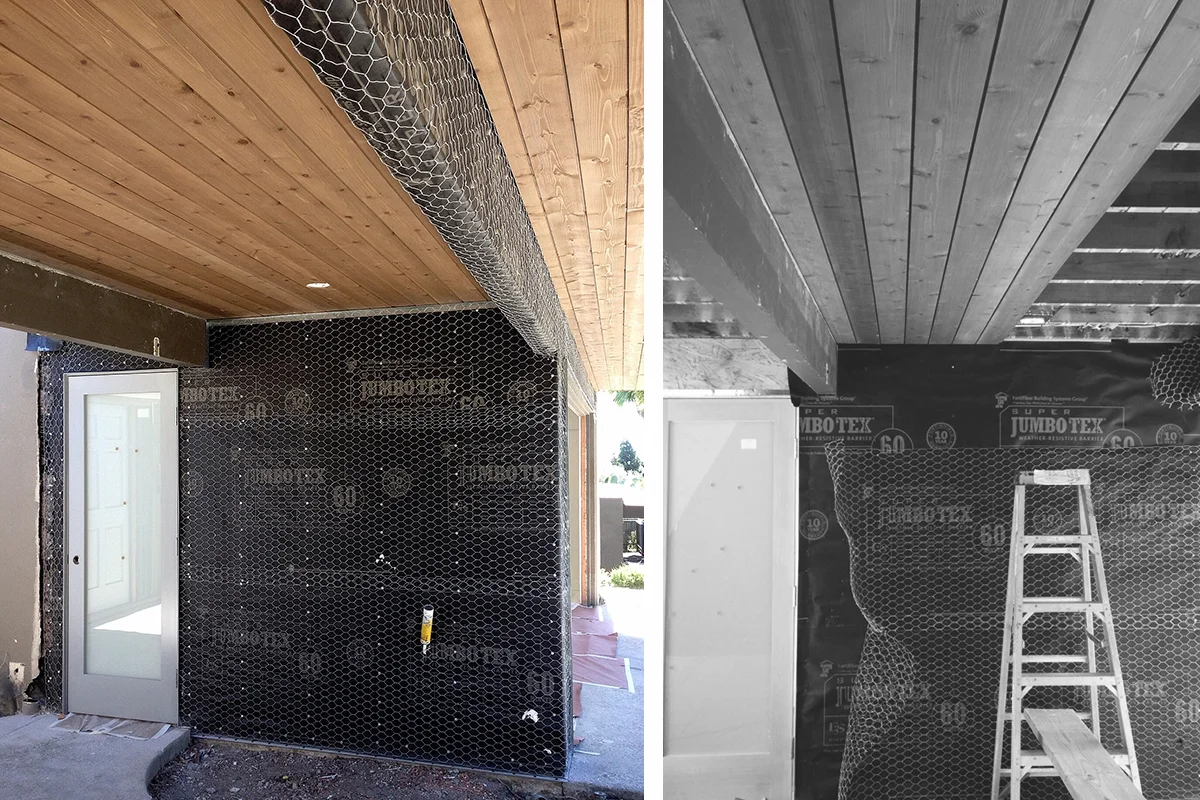 exterior lath + cedar at soffit