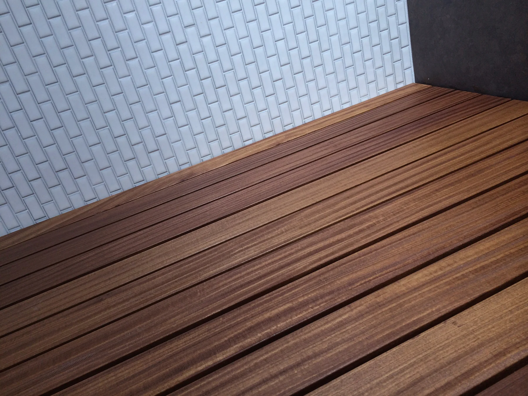 ann sacks wall tile + wood shower slats