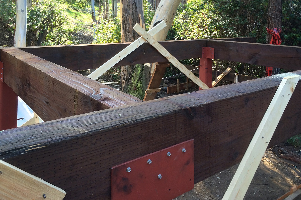 timber beams at lower lever deck