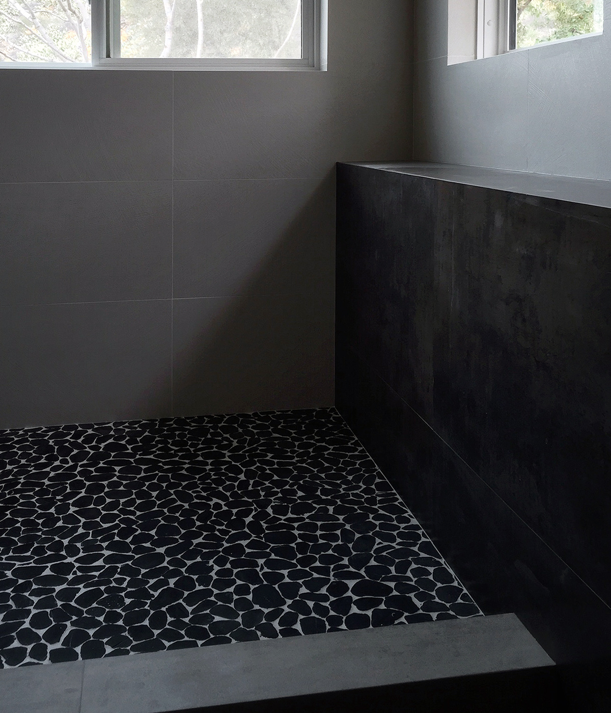 black sliced pebble shower floor tile
