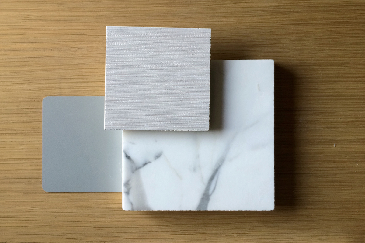 rift oak, marble + porcelain tile