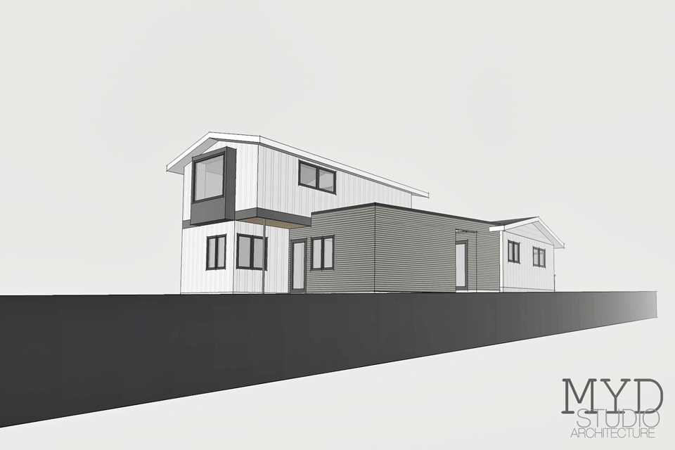 view from driveway / new massing at side + rear