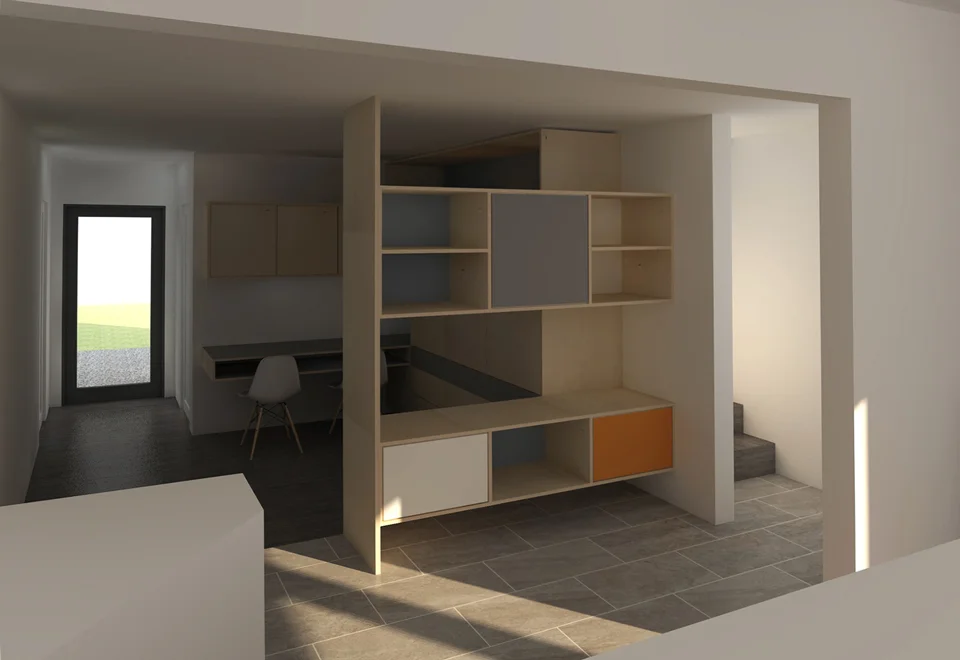 color at plywood / view from kitchen