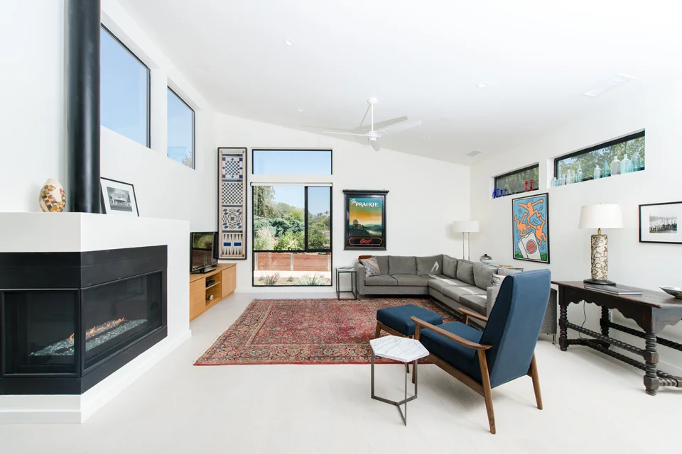 corner fireplace at expanded living room