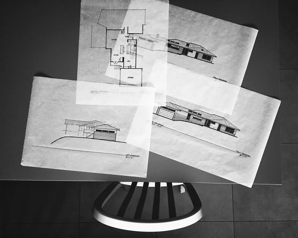 preliminary design drawings / front, side elevations + floor plan