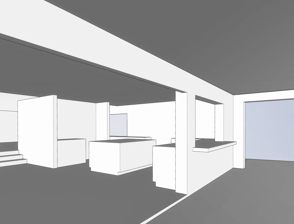 view toward kitchen / massing model render