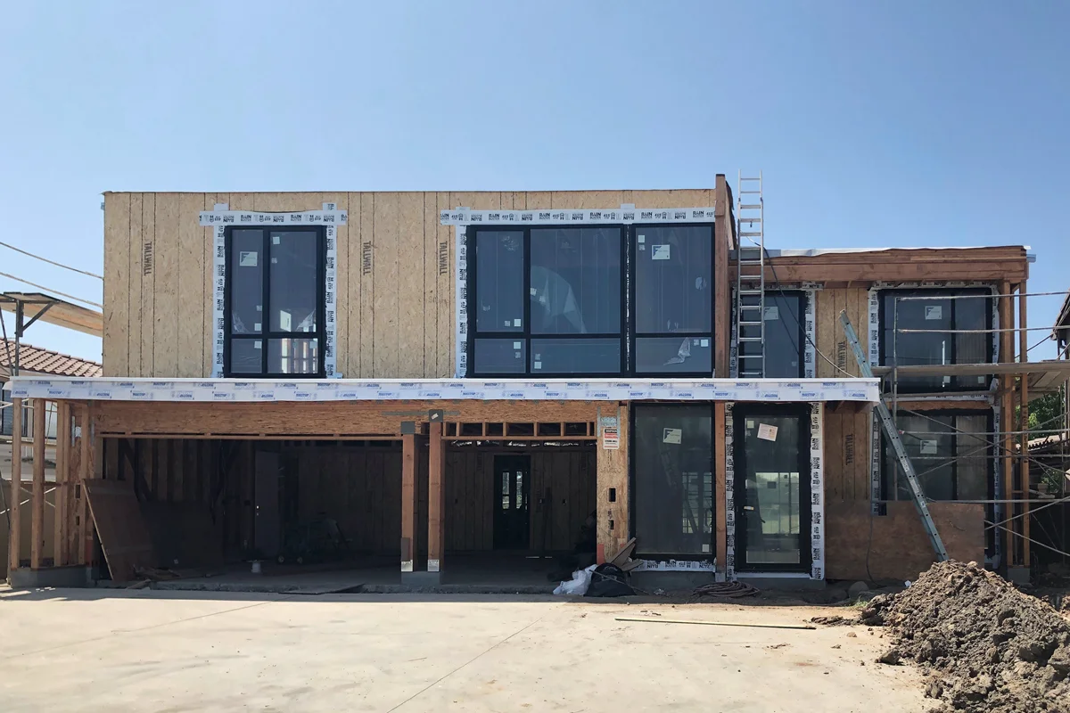 exterior sheathing - modernist house under construction in hunti