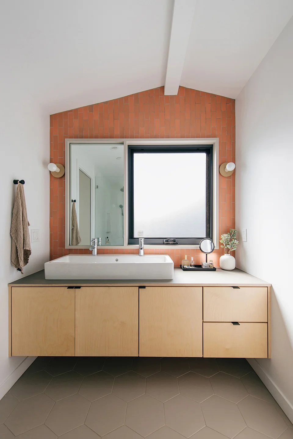 plywood vanity + heath tile / master bath