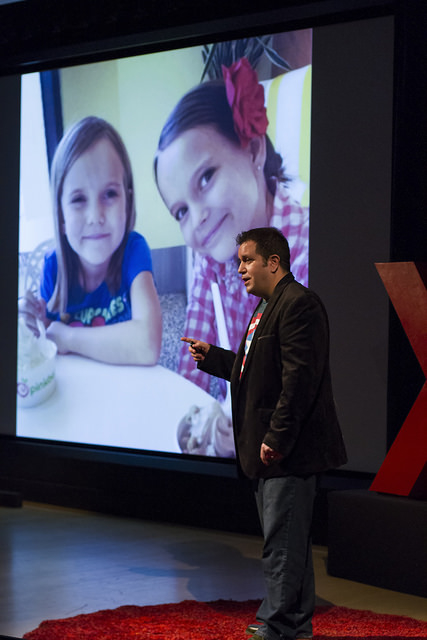 John Marcotte with his superhero daughters, Anya and Stella.