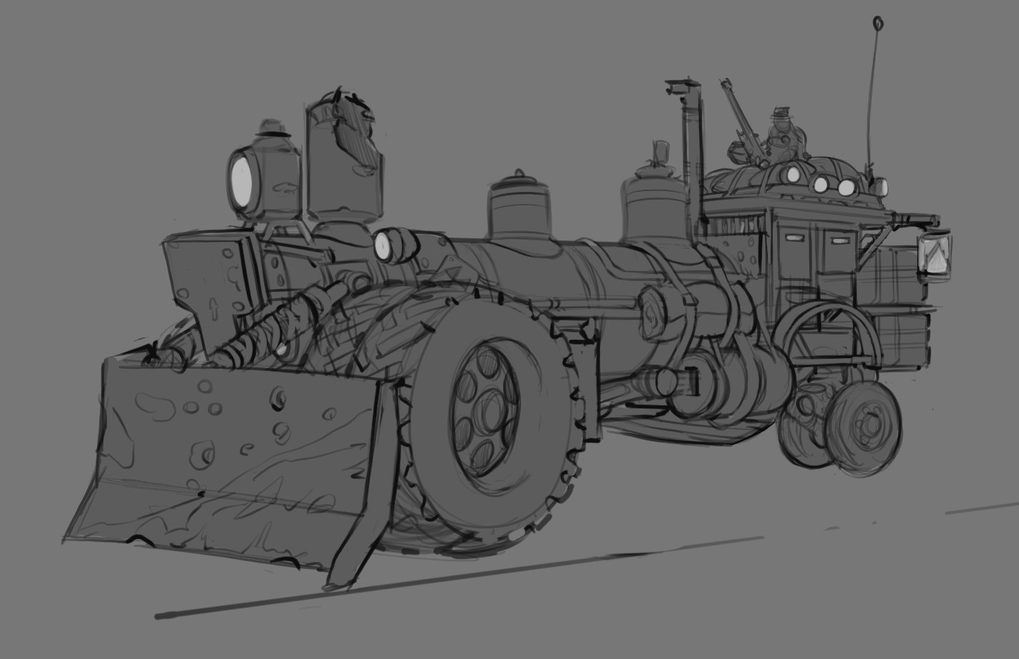 This one has some promise to me. I really like the airplane landing gear in the back to help steer the beast. I also hope to create some sort of machine that turns the reciprocating motion of the steam piston into something a transmission can use to power the wheels.