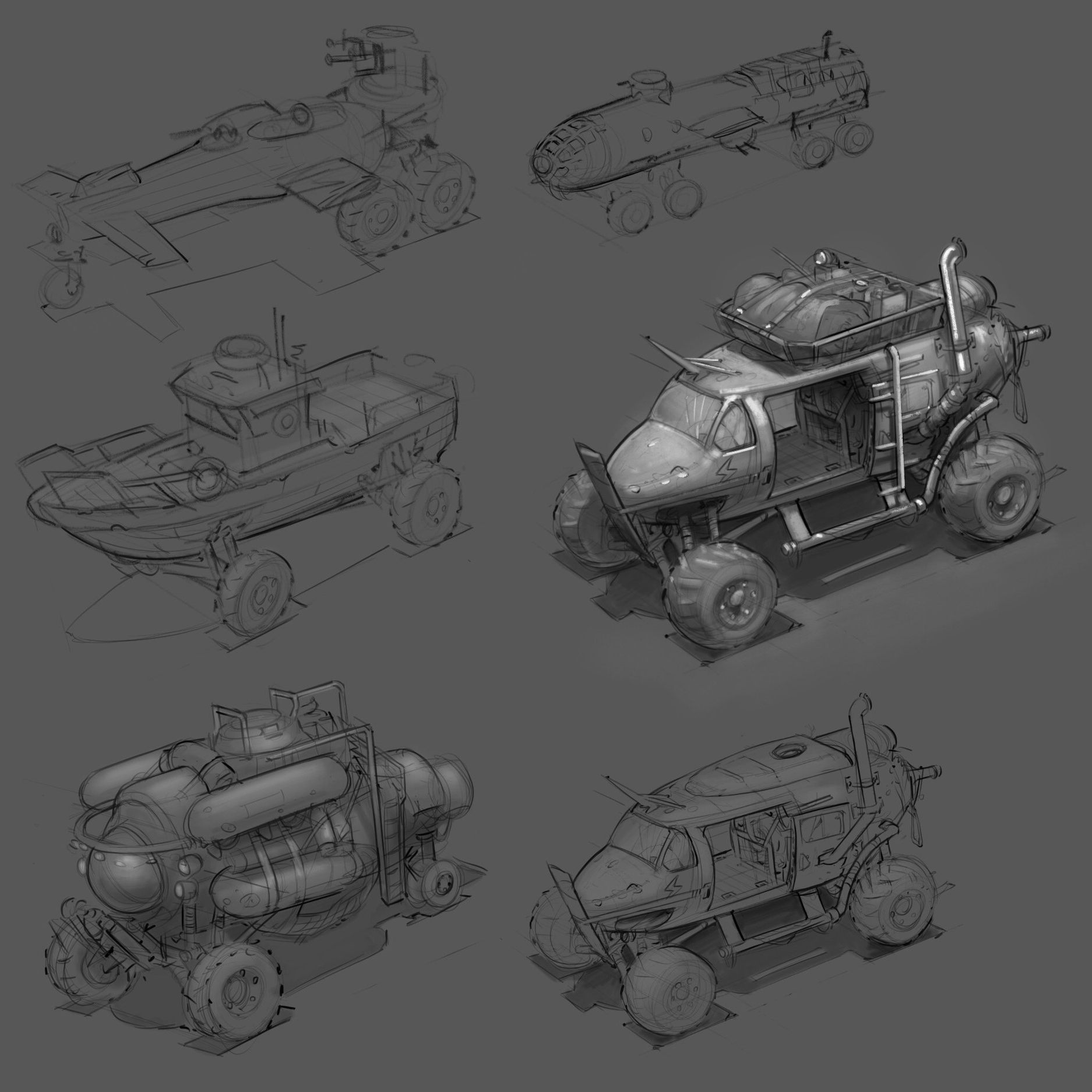 A few directions that ended up at the Helicopter + Wheels design.