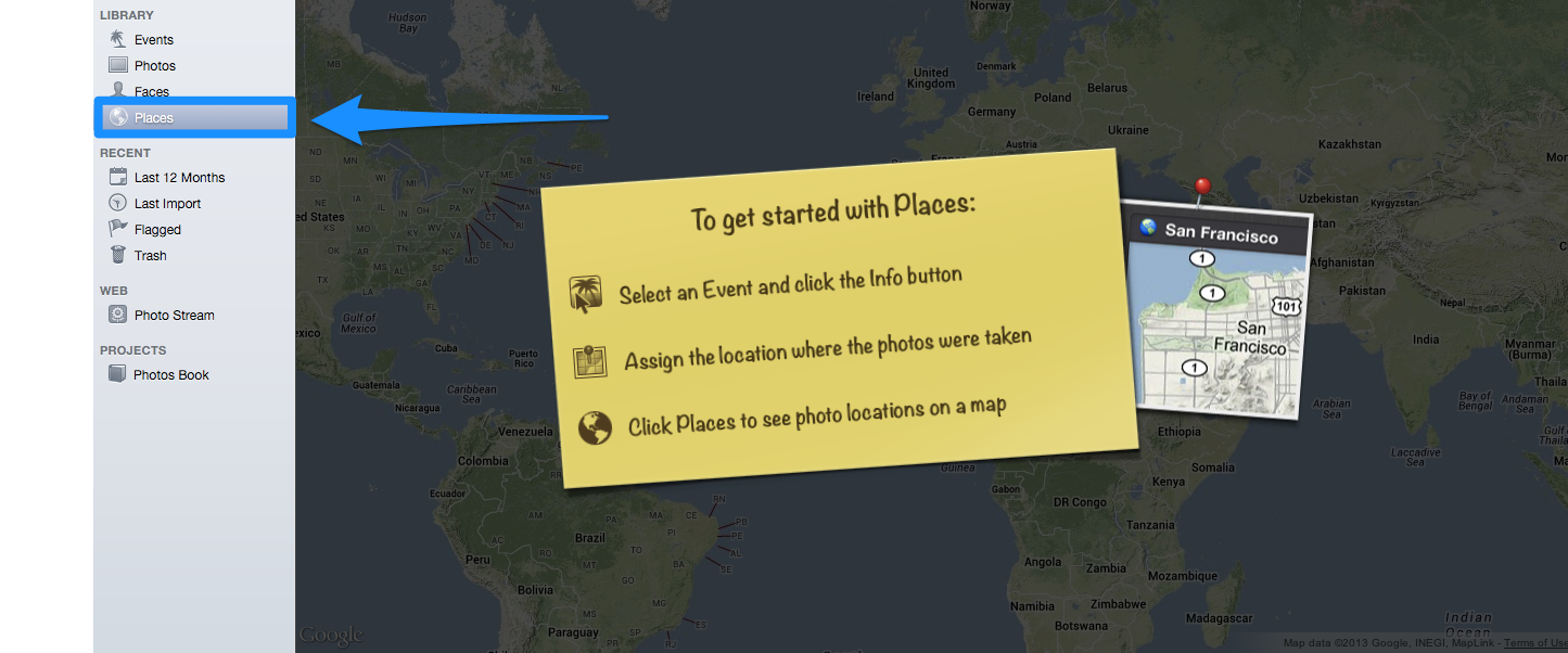 You can view your photos on a map in iPhoto by clicking on Places.