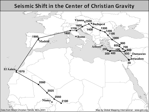 Source: Johnson and Chung, “Tracking Global Christianity’s Center of Gravity”, International Review of Mission, Vol. 93, No. 369, April 2004, p.166–81. globalchristianity.org