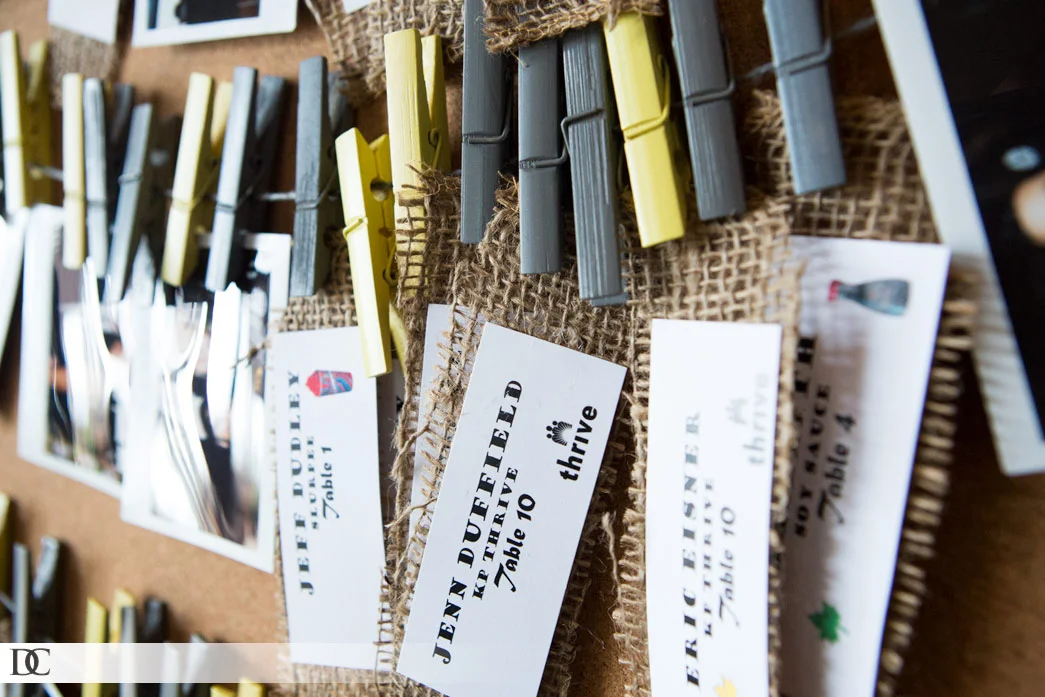 The adorable seating cards were set on burlap and held by yellow and gray clothespins, again bringing in the wedding's key colors.