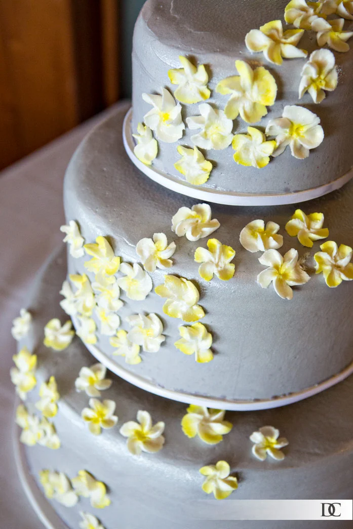 I love the delicate touch of yellow on the wedding cake's flowers.
