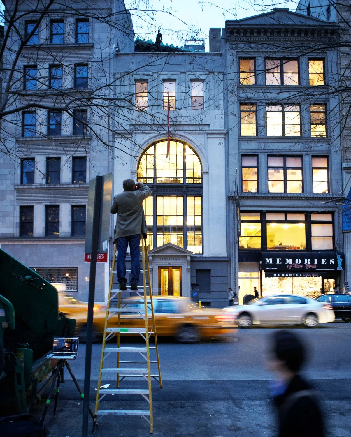 The best viewpoint required that I shoot from a twelve foot ladder on Fifth Avenue at rush hour, across the street from Pentagram. I unsuccessfully attempted to get a permission from the city of New York and then just decided to wing it, hoping that any passing police would assume that I must have a permit. To decrease my chances of getting run over by a bus, I persuaded a NYC garbage truck driver to park on Fifth Avenue in just the right spot to protect me and my ladder from traffic.