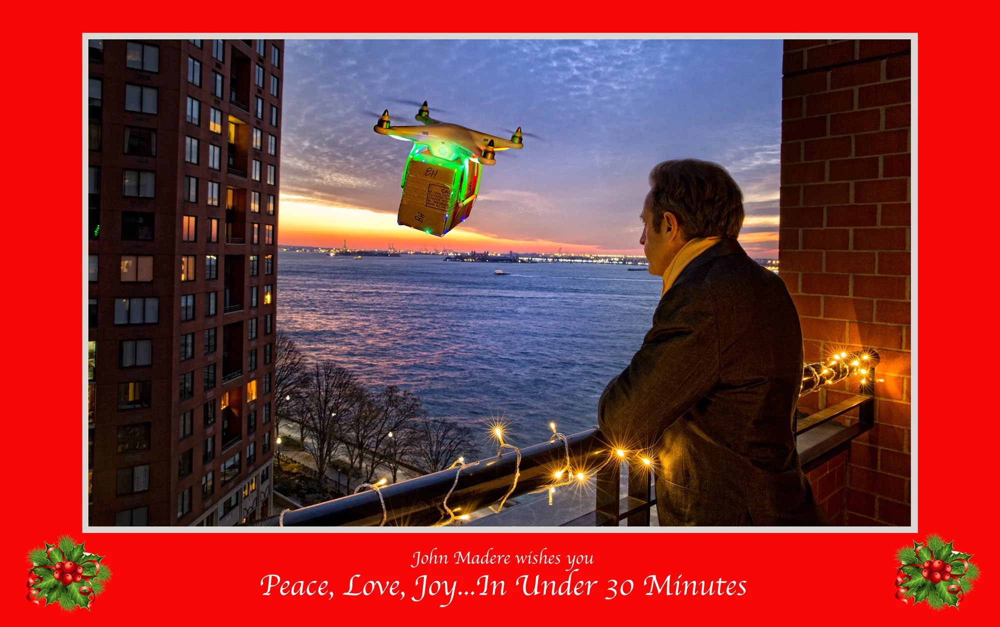 A couple of weeks ago Amazon CEO Jeff Bezos showed off a prototype helicopter drone on CBS’s 60 Minutes. It was designed to deliver packages to Amazon's customers in under 30 minutes from the time they placed their orders. That news segment had the whole country buzzing about the possibility of our skies full of drones delivering Amazon’s parcels. It seemed like a silly publicity stunt to me as I am certain that the technical and safety obstacles would make its realization a long way off. Nevertheless, I was inspired to create this photograph. All I needed to do was borrow a helicopter drone, tie a box to it, and step out onto my terrace which, ironically, overlooks the Statue of Liberty and an area of New Jersey where Amazon plans to build an enormous distribution center, no doubt within drone range of Manhattan. (click the card to enlarge)