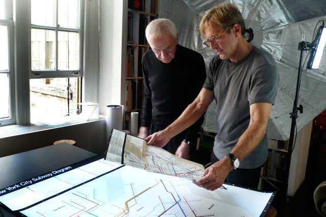 Massimo and John Madere setting up a shot of his NYC Subway map