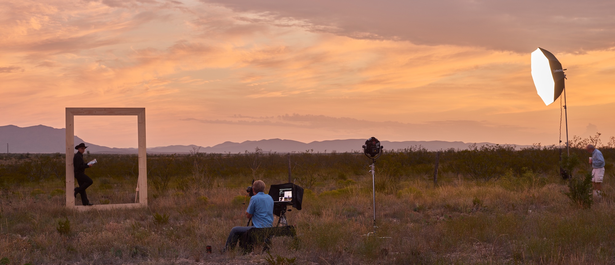 Sunrise shoot in Marathon, Texas. John photographing the portrait of DJ used for the film’s promotion and opening and closing sequences. (Production photos courtesy of James Evans )