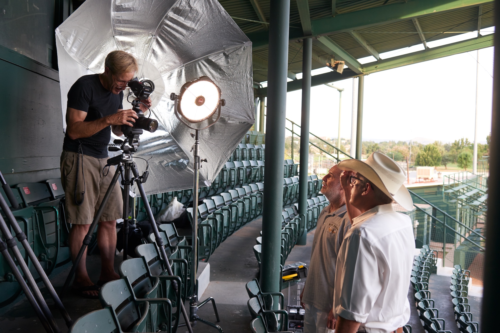 John behind the camera with DJ and Mike McShane just before filming of DJ’s interview at Kokernot Field.