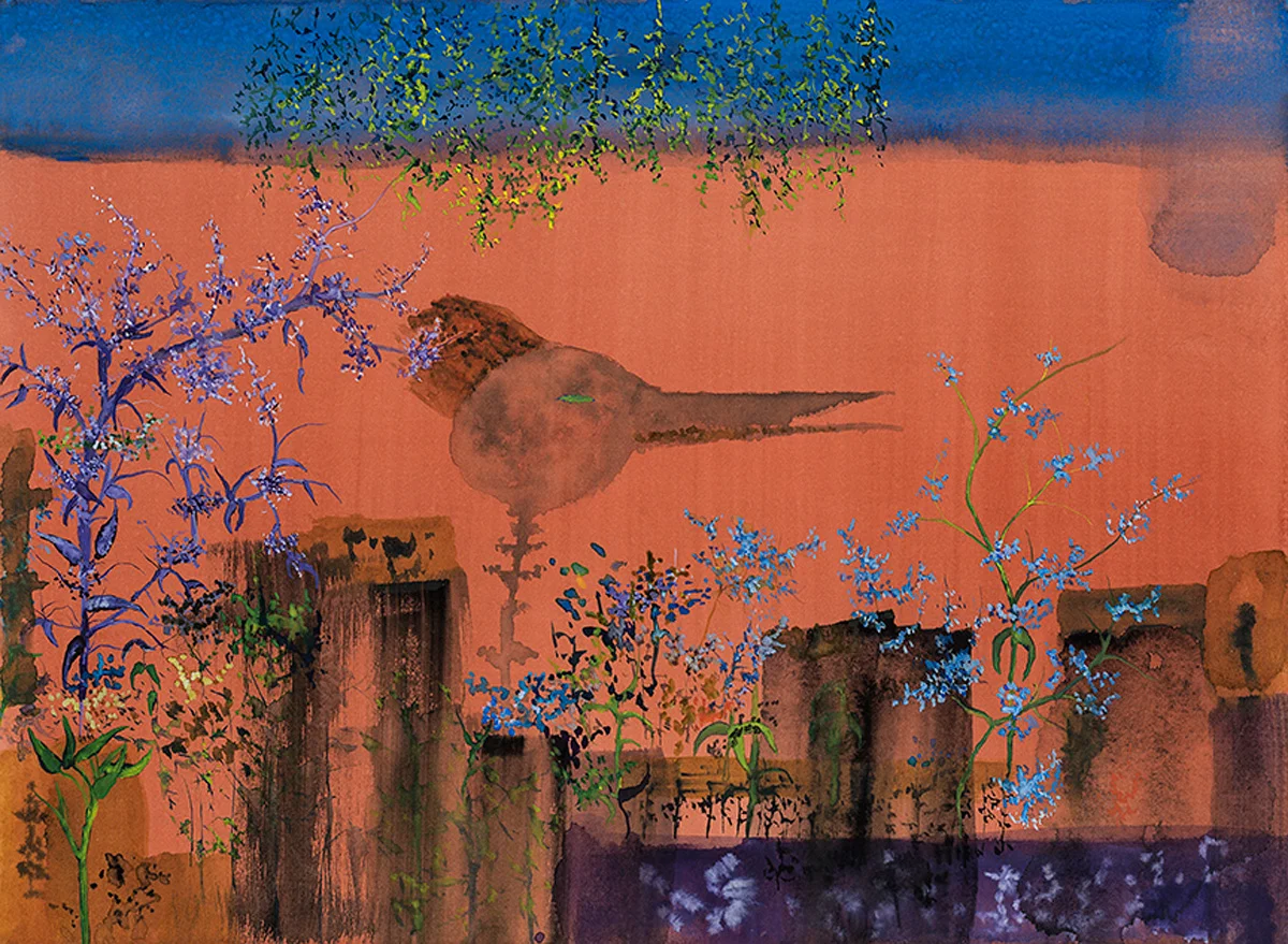 Out by the Purple Wall where things are delightful . watercolor on paper, 14”x10”, 2017
