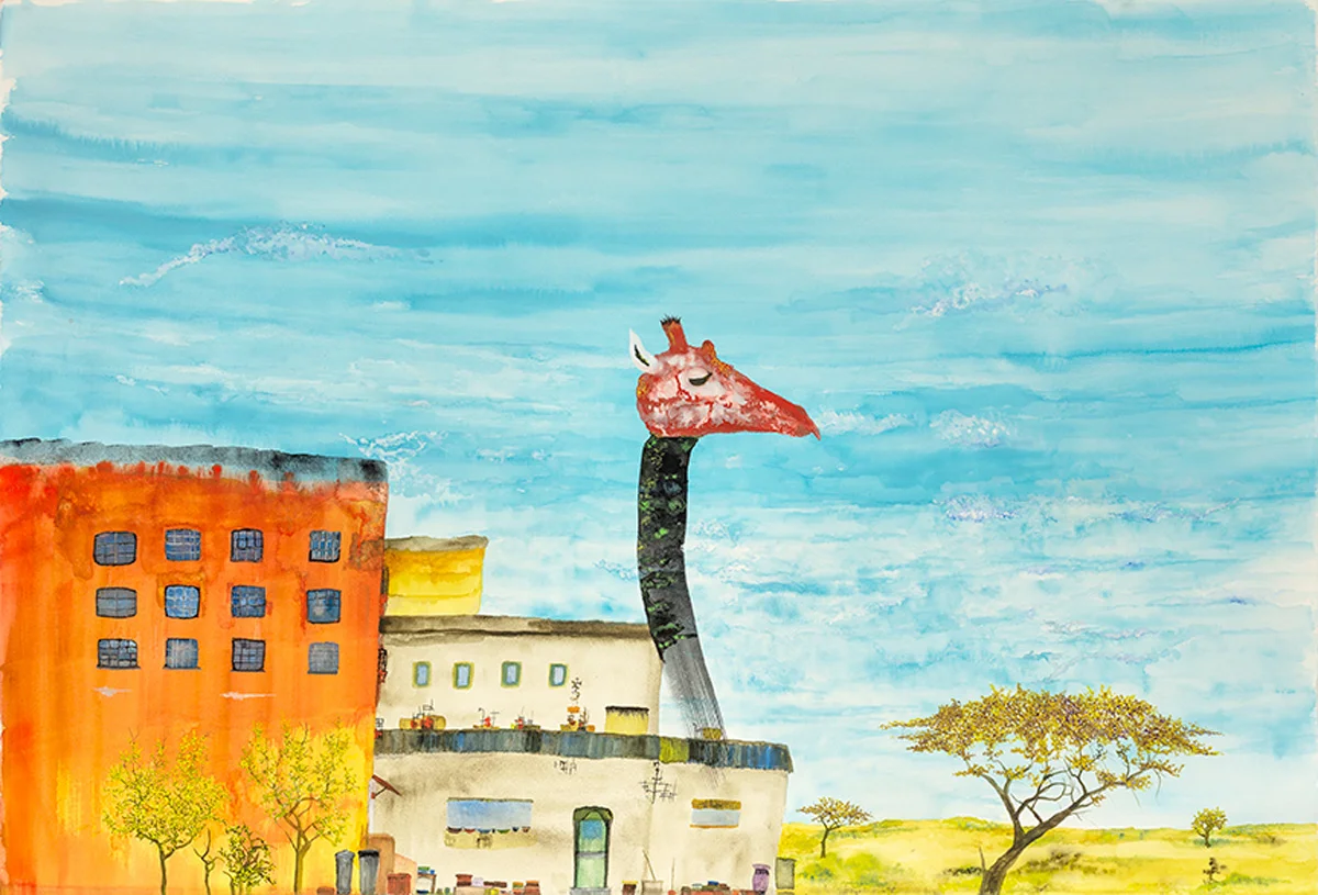 Right outside Nairobi there were giraffes. Giraffes have long necks. watercolor on paper, 2019