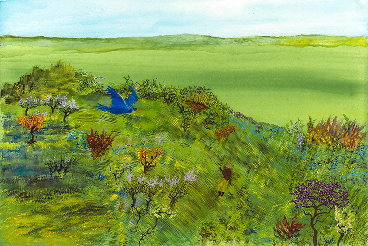 Up where the big bird lives and the colorful plants grow, Pighead Man brought a club because he was scared, but he didn’t need it. watercolor on paper, 2019