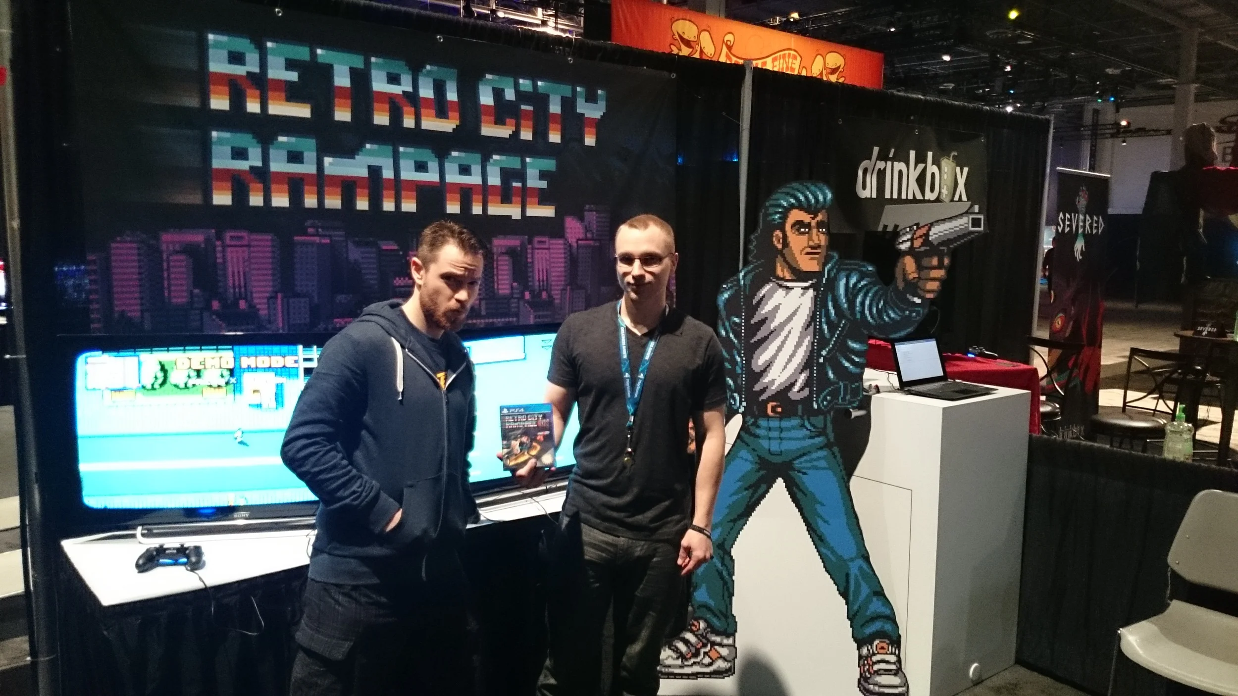 Matt "Norrin Radd" Creamer and&nbsp;Brian Provinciano in the Retro City Rampage Booth! &nbsp;Brian is an especially cool dude who started soldering cartridge pins when he was 3 (Or was that Davy Crocket?)