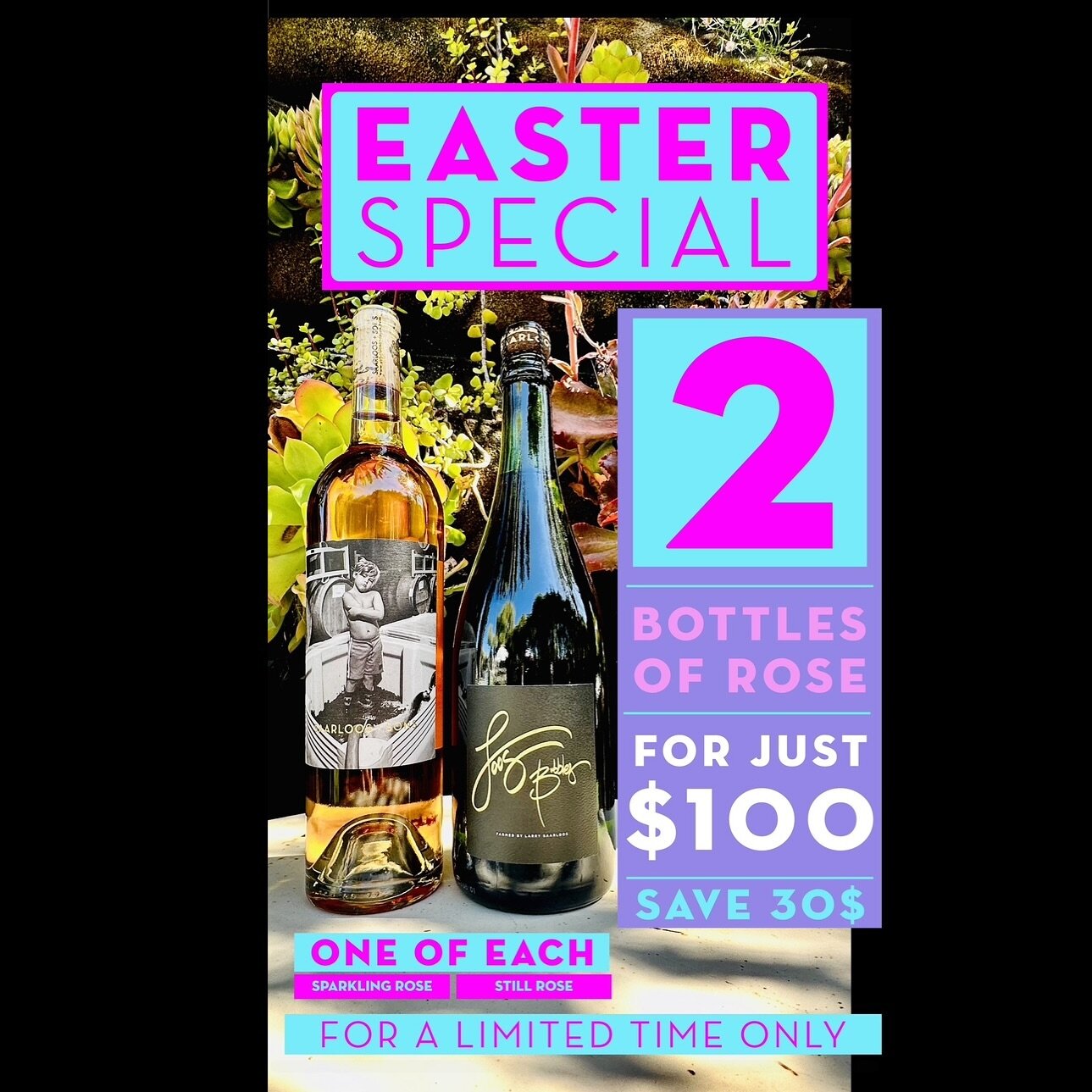 PUT ON THE PASTEL CLOTHES IT IS EASTER! 🐣  2 bottles of our unbelievable Rose’s for 30 bucks off. Why?  I don’t know. maybe because it is so wet outside I can’t drive a tractor and I wanted to do something nice....  Maybe, because my mom wo