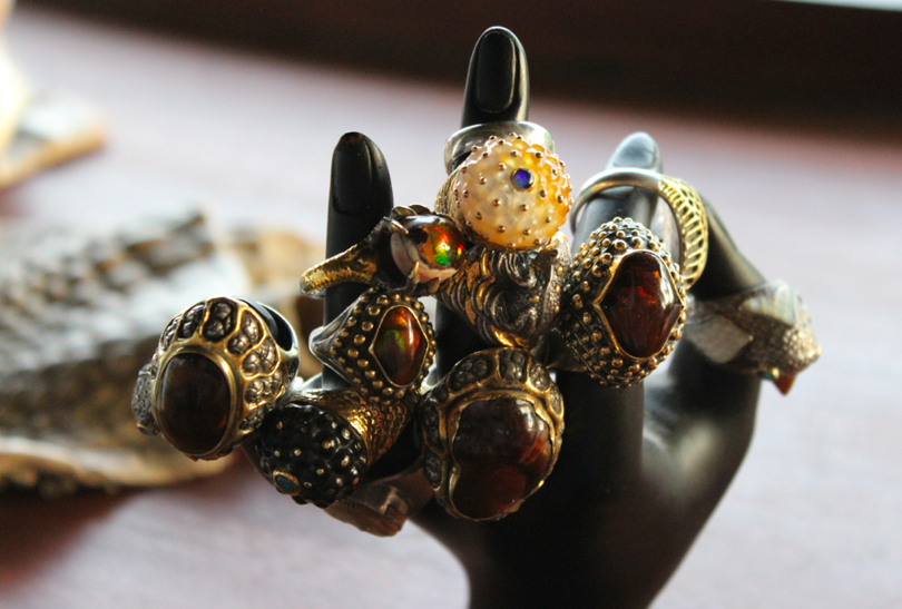A very small sampling of Lou's work, a collection of rings