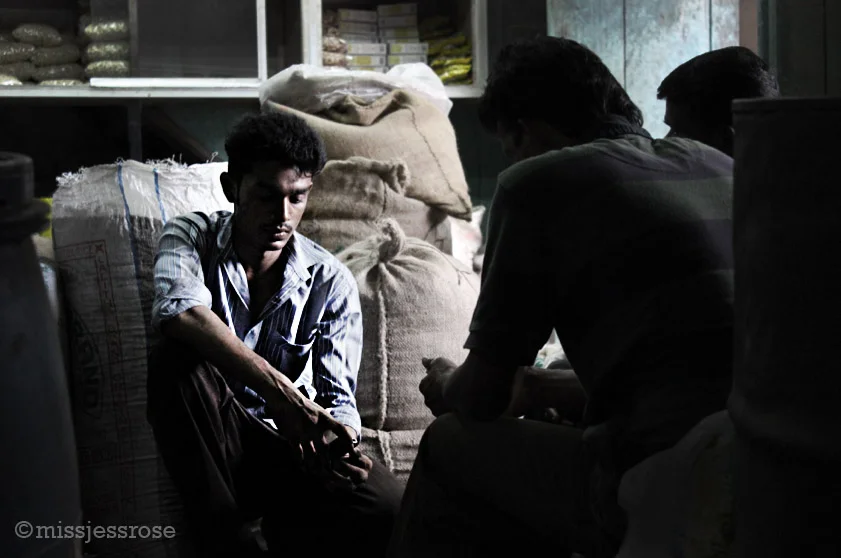 Workers at the spice warehouse take a break