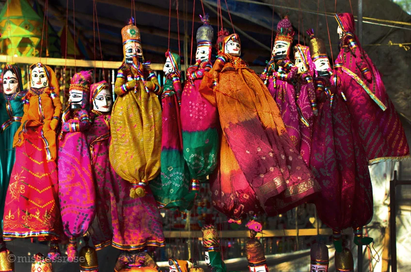Traditional puppets for sale at the street market in Fort Kochi, Kerala