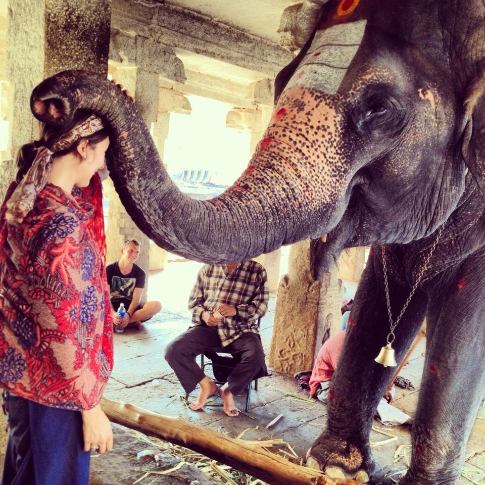 Me getting a blessing from Lakshmi, Hampi, India