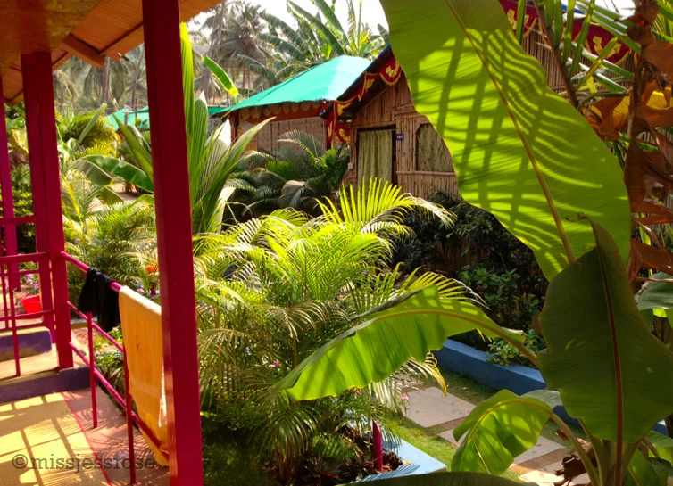 Tropical view from a beach hut in Ashvem, northern Goa. We did visit the north for a few nights at the end of our stay in Palolem.