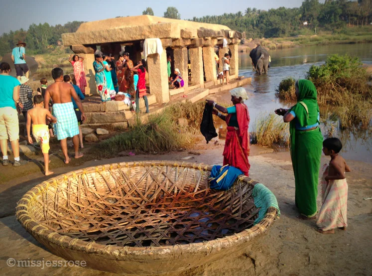 On some mornings, the river is more crowded than others. These round woven boats are called coracles.