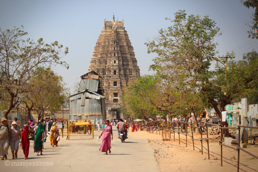 Virupaksha temple sits at the end of one of the main thoroughfares in Hampi, India