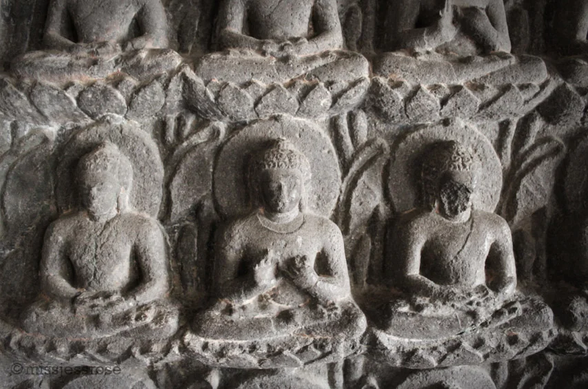 Hundreds of small Buddha carvings cover the two entry walls of one of the caves