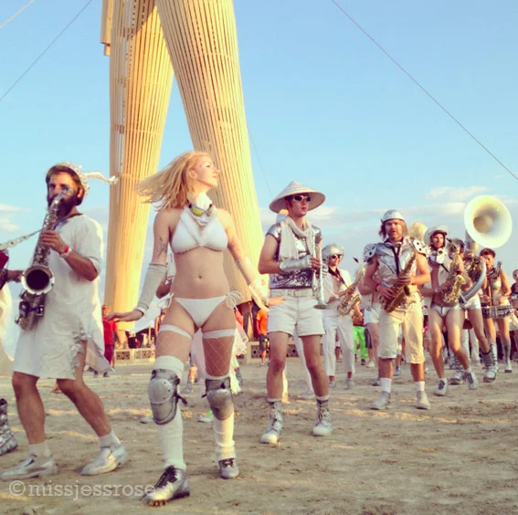 Go-go marching band from Portland rocking out beneath the Man at the Souk