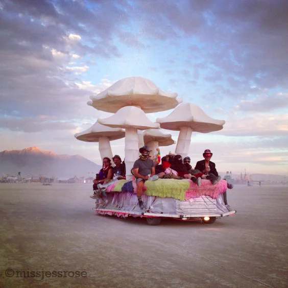 Mushroom art car driving out to wait for the Man burn at sunset