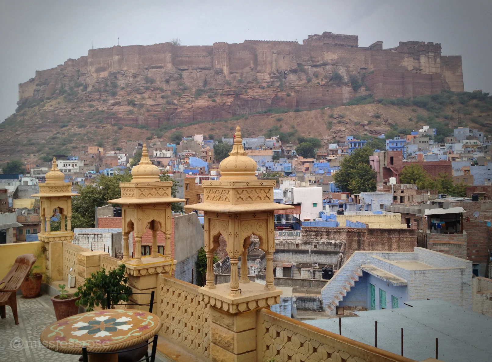 Fort Mehrangarh looms above the city of Jodhpur as seen from the rooftop of our hotel. 