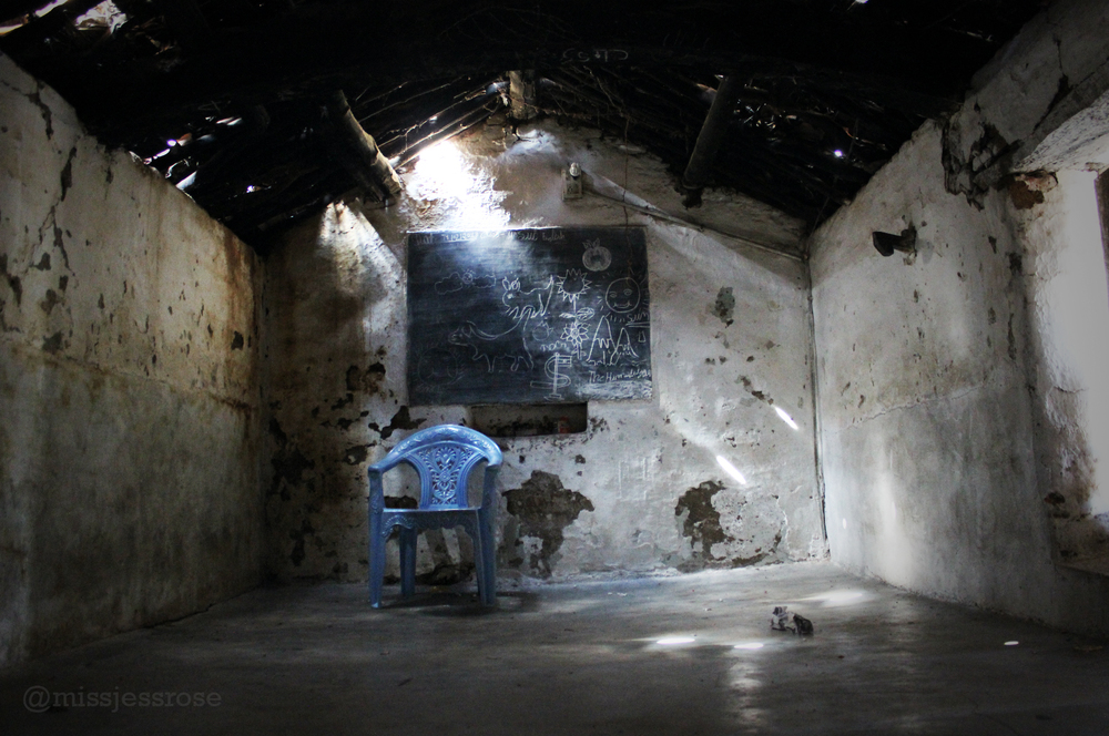 Inside a schoolhouse.