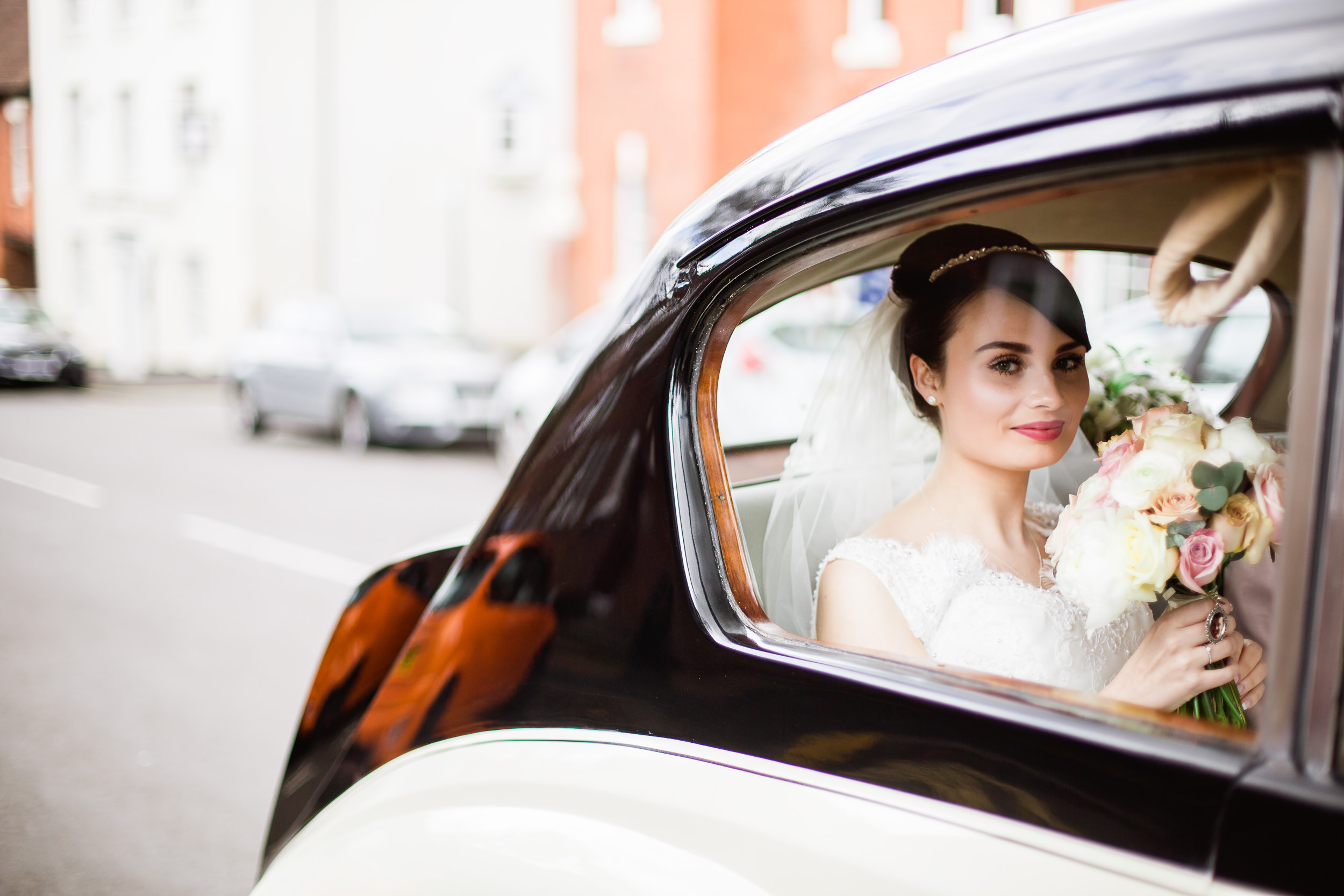 Bride arrives in vintage car - Vintage bride - Birmingham wedding