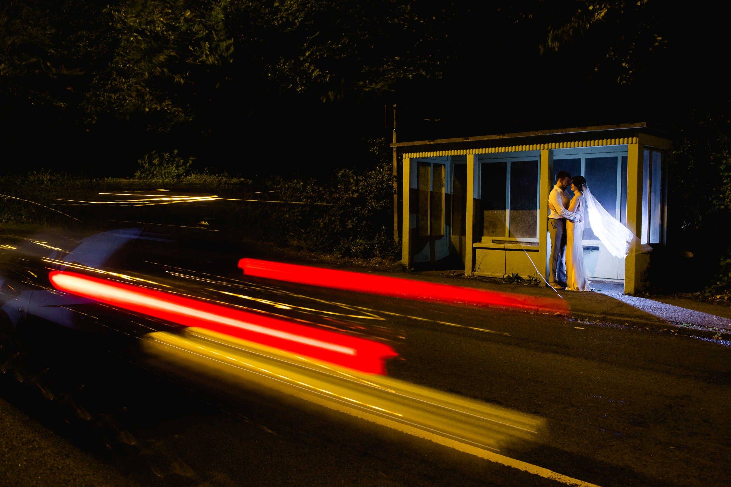 Lickey hills night time pictures - bride and groom in a bus top - Lickey hills wedding 