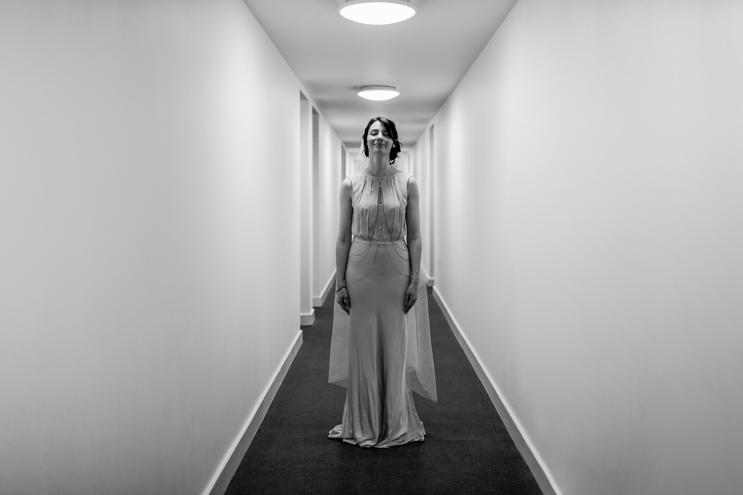 Bride in a corridor - Alternative bridal portrait - Birmingham wedding 