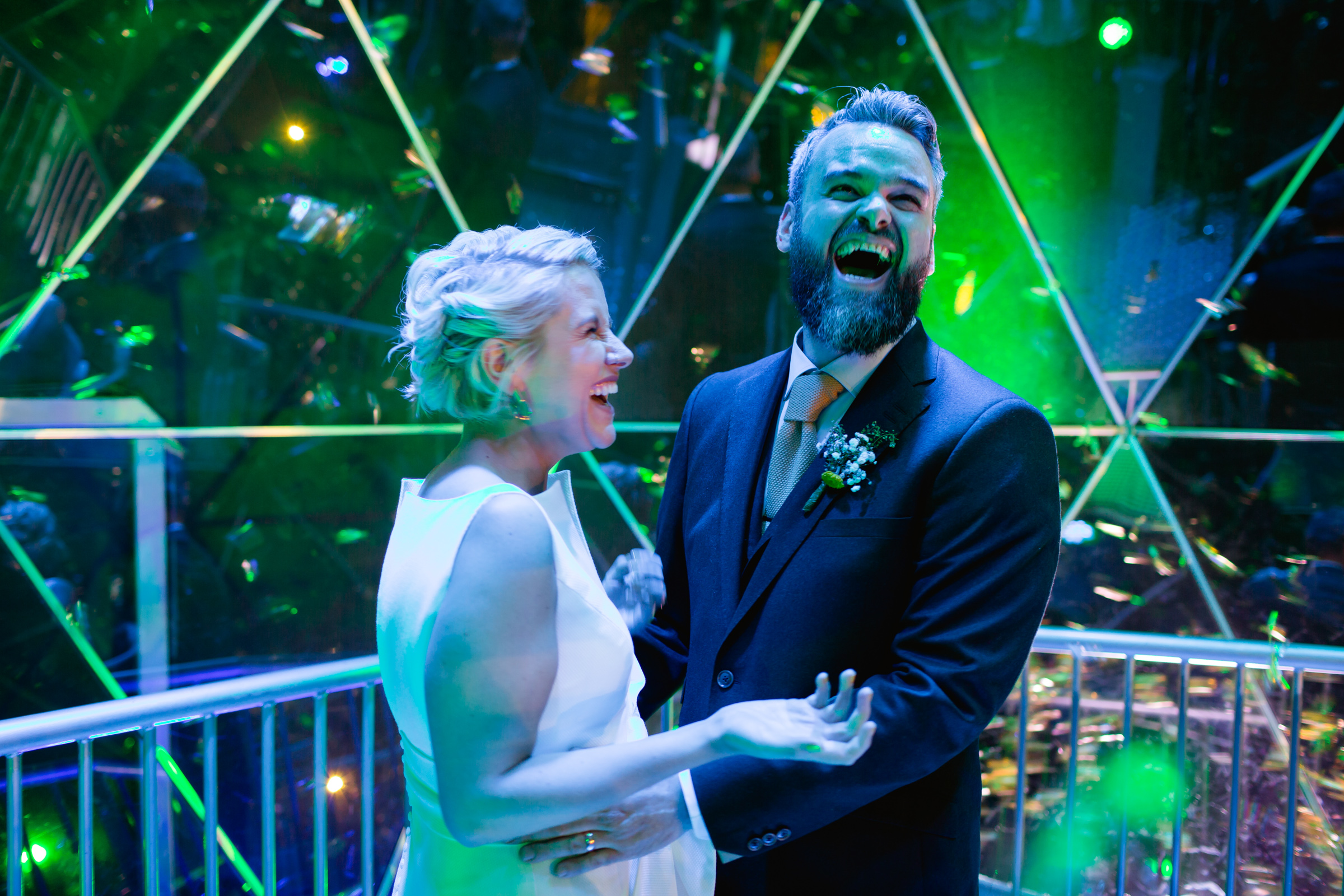 a bride and groom in the crystal dome at the crytsal maze in manchester