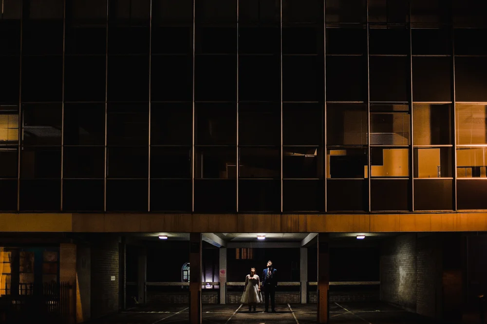 a bride and groom pose for a scifi inspired portrait in bristol