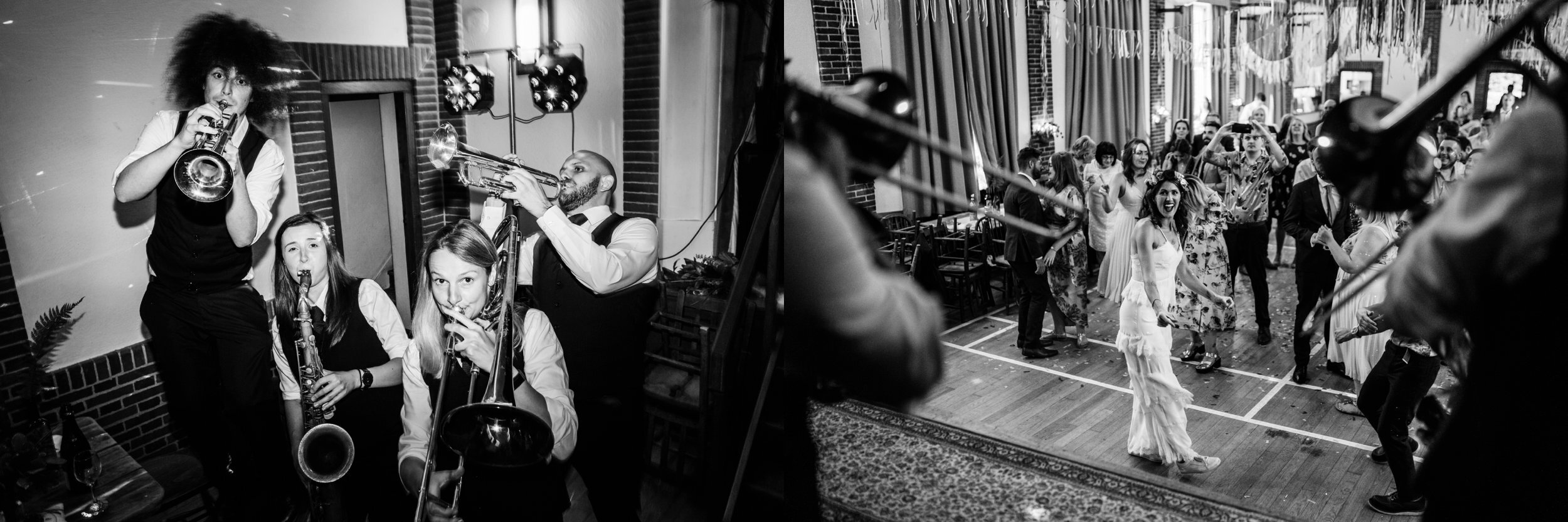 back chat brass band playing at a wedding