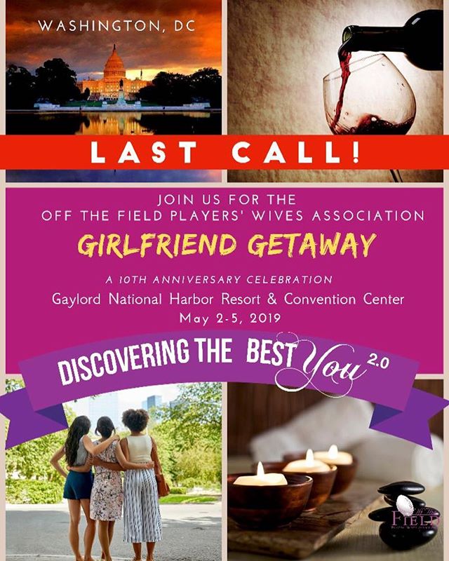 Taking the time to power down and practice self care is imperative to our well being! Pack your bags NFL Sisters... Come join Off the Field PWA in the Nation&rsquo;s capital for a
Girlfriend Getaway, Discovering the Best You 2.0 ﻿Let&rsquo;s celebrat